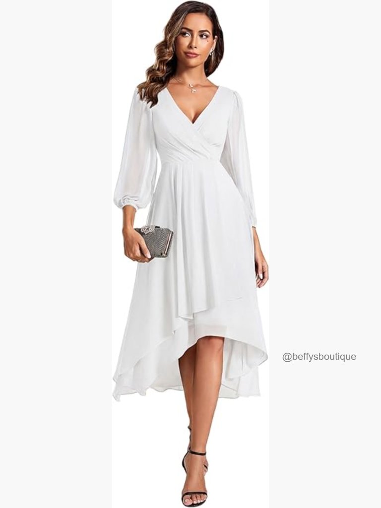 Chiffon V Neck Long Sleeve A-Line Midi Wedding Guest Dress